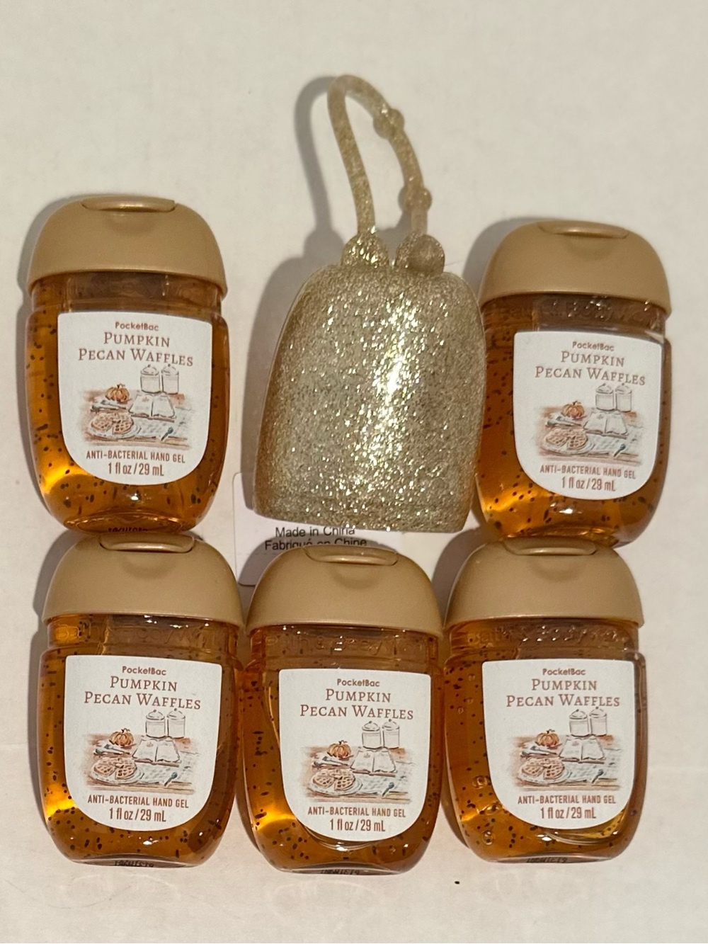 Bath & Body NEW (5) Pumpkin Pecan Waffles Hand Sanitizers & Gold Glitter Holder